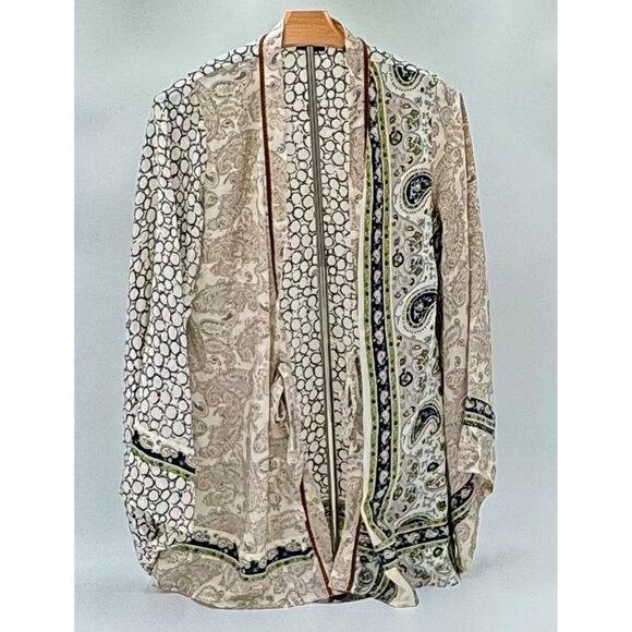 BCBG MaxAzria 100% Silk Kimona Geometric Paisley Navy Tan - Picture 5 of 6